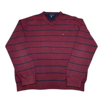 Tommy Hilfiger Vintage Burgundy Striped Fine Knit V Neck Jumper