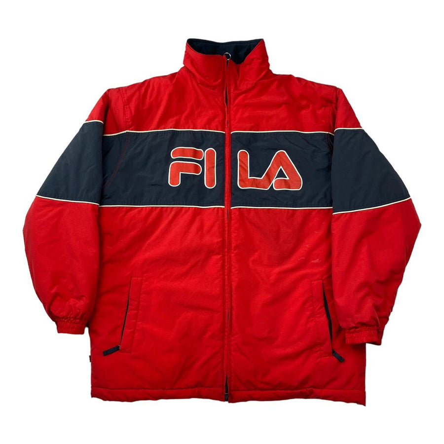 Fila Vintage Red & Navy Zip-Up Retro Spellout Quilted Coat